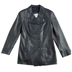 Vintage 90s Women’s Remy Black Leather Double Breasted Leather Car Coat